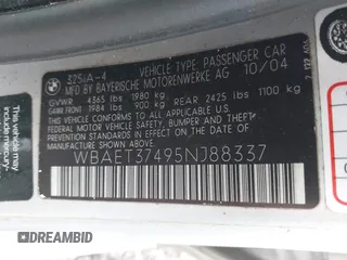 2005 BMW 3 Series 325i z VIN WBAET37495NJ88337, wystawiony jako IAAI lot #42538116 z przebiegiem Nie podano mil oraz . Historia ofert i sprzedaży dostępna na DreamBid. Obrazek 9.
