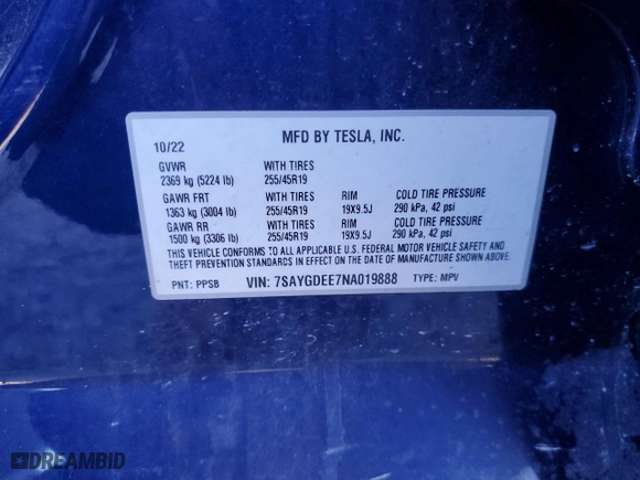 2022 Tesla Model Y Long Range with VIN 7SAYGDEE7NA019888, listed as a Copart auction lot 43017605 with 0 mi miles and Salvage Title. Bid and sale history available at carsss.com. Image 14.