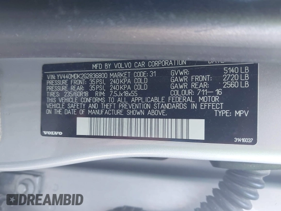 2016 Volvo XC60 T5 Drive-E Premier с VIN YV440MDK2G2836800, выставлен на аукционе IAAI как лот 42386640 с пробегом 101 809 миль миль и . История ставок и продаж доступна на DreamBid. Изображение 9.
