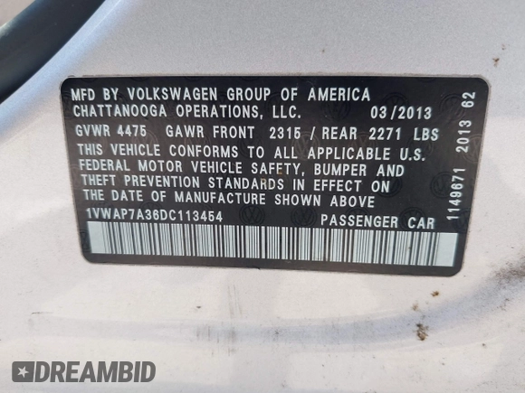 2013 Volkswagen Passat Wolfsburg Edition с VIN 1VWAP7A36DC113454, выставлен на аукционе IAAI как лот 39590527 с пробегом 142 120 миль миль и . История ставок и продаж доступна на DreamBid. Изображение 9.