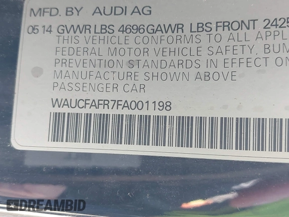2015 Audi A5 Premium with VIN WAUCFAFR7FA001198, listed as a IAAI auction lot 41994551 with 126,557 mi miles. Bid and sale history available at carsss.com. Image 9.