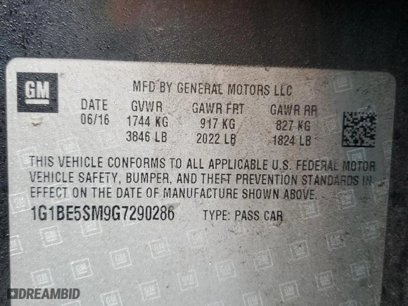 2016 Chevrolet Cruze LT with VIN 1G1BE5SM9G7290286, listed as a Copart auction lot 83647804 with 133,413 mi miles and Salvage Title. Bid and sale history available at carsss.com. Image 12.
