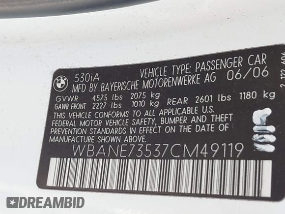 2007 BMW 5 Series 530i with VIN WBANE73537CM49119, listed as a IAAI auction lot 41678779 with 1 mi miles. Bid and sale history available at carsss.com. Image 9.