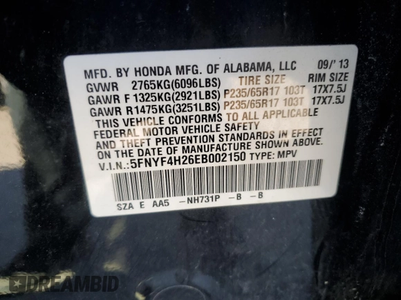 2014 Honda Pilot LX with VIN 5FNYF4H26EB002150, listed as a Copart auction lot 53371535 with 114,428 mi miles and Salvage Title. Bid and sale history available at DreamBid. Image 13.
