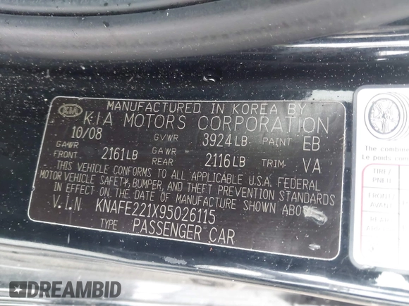 2009 Kia Spectra EX with VIN KNAFE221X95026115, listed as a IAAI auction lot 41967784 with 177,695 mi miles. Bid and sale history available at carsss.com. Image 9.