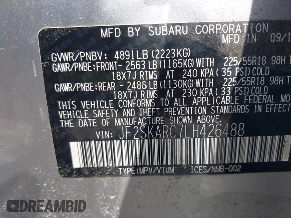 2020 Subaru Forester Special Sports with VIN JF2SKARC7LH426488, listed as a IAAI auction lot 42065643 with 44,824 mi miles and . Bid and sale history available at DreamBid. Image 9.