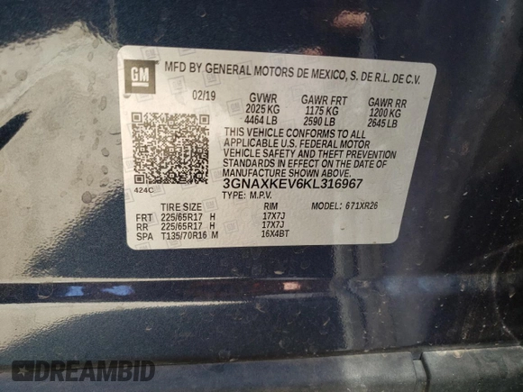 2019 Chevrolet Equinox LT with VIN 3GNAXKEV6KL316967, listed as a Copart auction lot 48387525 with 47,158 mi miles and Salvage Title. Bid and sale history available at carsss.com. Image 16.
