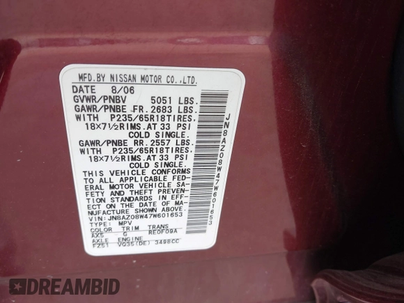 2007 Nissan Murano S with VIN JN8AZ08W47W601653, listed as a IAAI auction lot 42074179 with 138,257 mi miles and . Bid and sale history available at DreamBid. Image 9.