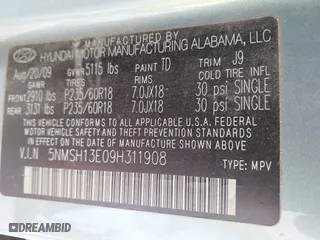 2009 Hyundai Santa Fe SE with VIN 5NMSH13E09H311908, listed as a IAAI auction lot 42098472 with 262,187 mi miles. Bid and sale history available at carsss.com. Image 9.