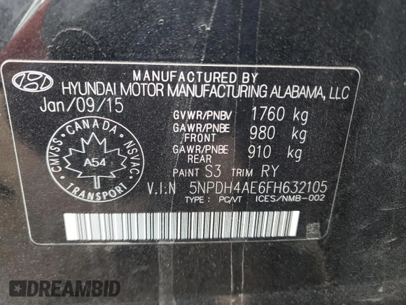 2015 Hyundai Elantra SE with VIN 5NPDH4AE6FH632105, listed as a Copart auction lot 50212505 with 345,478 mi miles and Salvage Title. Bid and sale history available at DreamBid. Image 12.