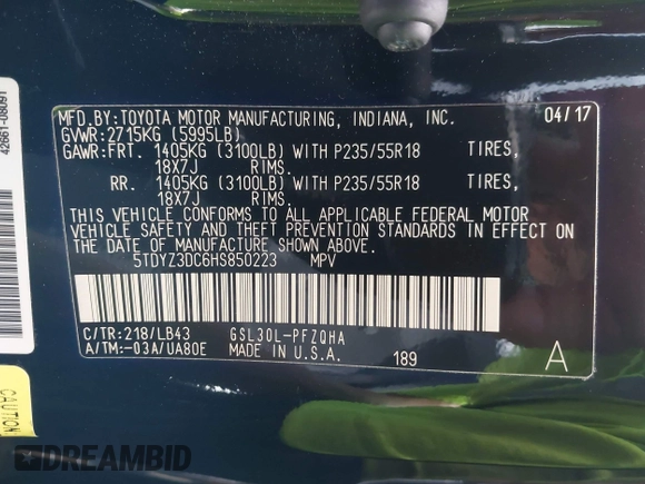 2017 Toyota Sienna XLE Auto Access Seat with VIN 5TDYZ3DC6HS850223, listed as a IAAI auction lot 41958525 with 46,261 mi miles and . Bid and sale history available at DreamBid. Image 9.