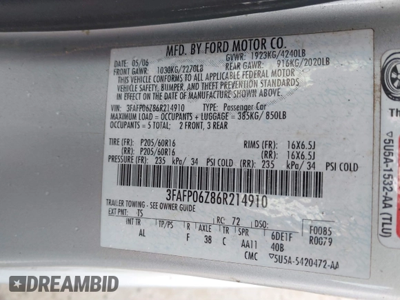 2006 Ford Fusion S with VIN 3FAFP06Z86R214910, listed as a IAAI auction lot 41491738 with 173,131 mi miles. Bid and sale history available at carsss.com. Image 9.