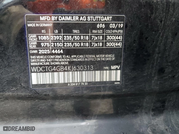 2019 Mercedes-Benz GLA with VIN WDCTG4GB4KJ630313, listed as a Copart auction lot 43440985 with 67,268 mi miles and Salvage Title. Bid and sale history available at carsss.com. Image 12.