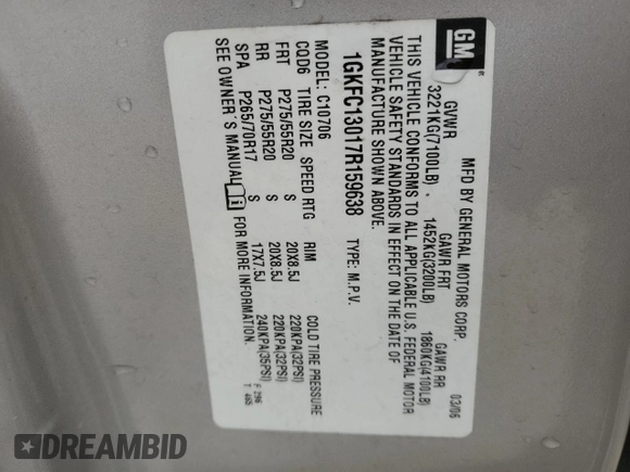 2007 GMC Yukon SLT with VIN 1GKFC13017R159638, listed as a Copart auction lot 88973345 with 225,396 mi miles and Salvage Title. Bid and sale history available at carsss.com. Image 13.