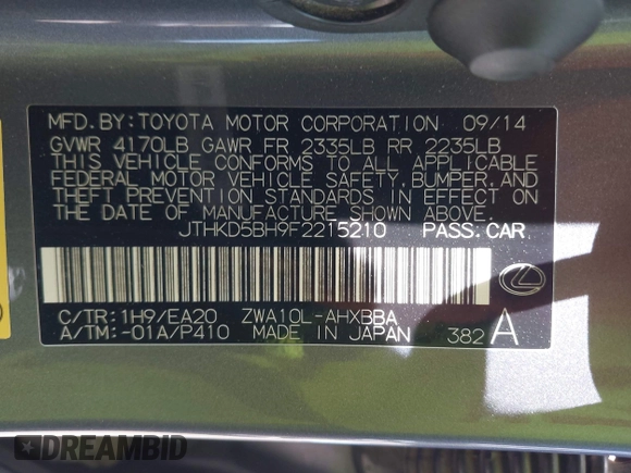 2015 Lexus CT 200h with VIN JTHKD5BH9F2215210, listed as a IAAI auction lot 42266502 with 229,754 mi miles and . Bid and sale history available at DreamBid. Image 9.