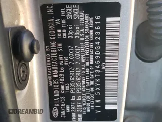 2013 Kia Sorento LX с VIN 5XYKT3A69DG423616, выставлен на аукционе Copart как лот 42883765 с пробегом 207 984 миль миль и Списание • Salvage title. История ставок и продаж доступна на DreamBid. Изображение 15.