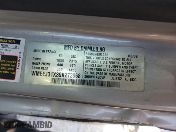 2009 Smart fortwo Pure z VIN WMEEJ31X39K273968, wystawiony jako Copart lot #56888045 z przebiegiem 125 138 mil mil oraz Szkoda całkowita • Salvage title. Historia ofert i sprzedaży dostępna na DreamBid. Obrazek 12.