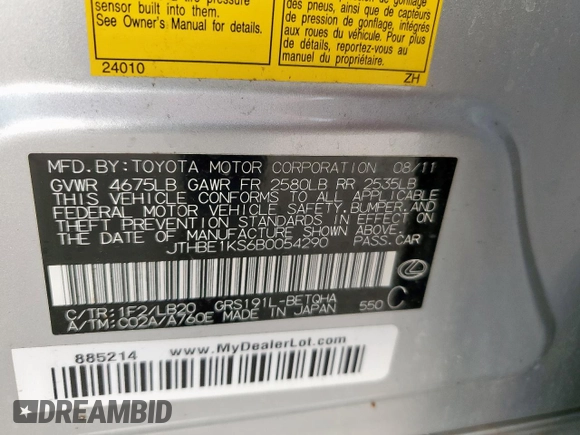 2011 Lexus GS 350 z VIN JTHBE1KS6B0054290, wystawiony jako Copart lot #57652715 z przebiegiem 81 509 mil mil oraz Szkoda całkowita • Salvage title. Historia ofert i sprzedaży dostępna na DreamBid. Obrazek 12.
