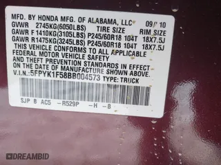 2011 Honda Ridgeline RTL with VIN 5FPYK1F58BB004573, listed as a IAAI auction lot 41576676 with 56,120 mi miles. Bid and sale history available at carsss.com. Image 9.