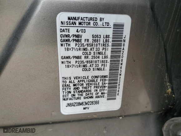 2003 Nissan Murano SL with VIN JN8AZ08W63W228366, listed as a Copart auction lot 76980534 with 185,634 mi miles and Salvage Title. Bid and sale history available at carsss.com. Image 13.