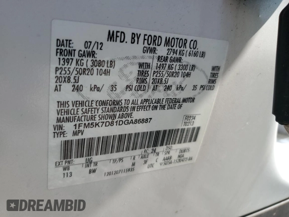 2013 Ford Explorer XLT with VIN 1FM5K7D81DGA86887, listed as a Copart auction lot 58994935 with 118,421 mi miles and Salvage title. Bid and sale history available at DreamBid. Image 13.