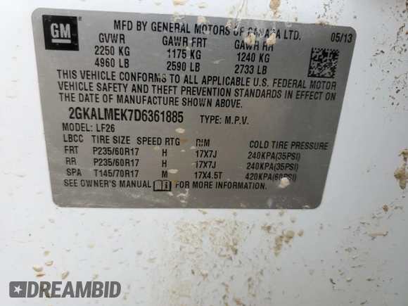 2013 GMC Terrain SLE with VIN 2GKALMEK7D6361885, listed as a Copart auction lot 59051385 with 101,673 mi miles and Salvage title. Bid and sale history available at DreamBid. Image 13.