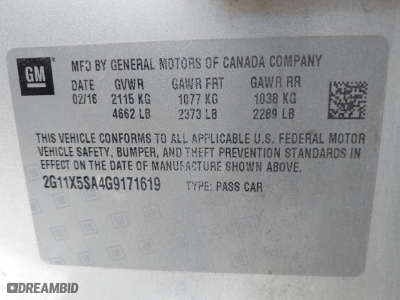 2016 Chevrolet Impala LS with VIN 2G11X5SA4G9171619, listed as a IAAI auction lot 41255305 with 67,821 mi miles. Bid and sale history available at carsss.com. Image 9.