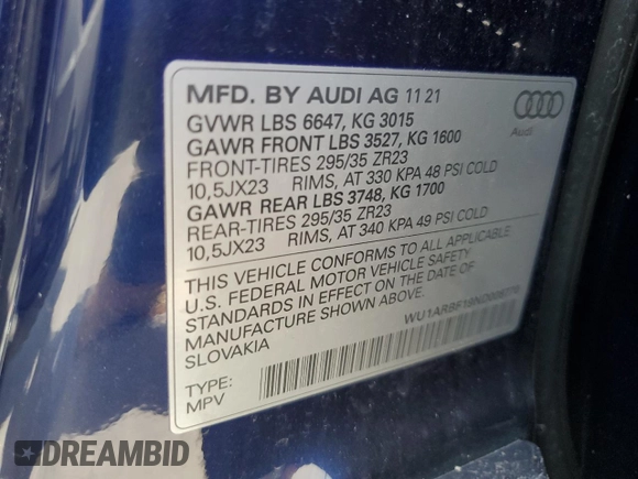 2022 Audi RS Q8 z VIN WU1ARBF19ND008770, wystawiony jako Copart lot #55914865 z przebiegiem 16 393 mil mil oraz Szkoda całkowita • Salvage title. Historia ofert i sprzedaży dostępna na DreamBid. Obrazek 13.