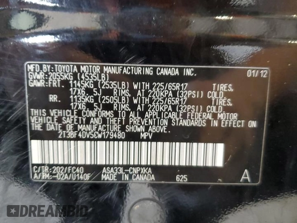 2012 Toyota RAV4 z VIN 2T3BF4DV5CW179480, wystawiony jako Copart lot #60469695 z przebiegiem Nie podano mil oraz Szkoda całkowita • Salvage title. Historia ofert i sprzedaży dostępna na DreamBid. Obrazek 13.