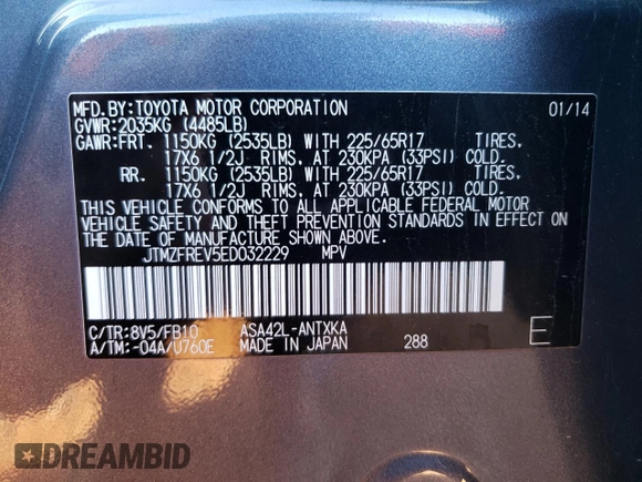 2014 Toyota RAV4 LE with VIN JTMZFREV5ED032229, listed as a Copart auction lot 44257075 with 126,301 mi miles and Salvage title. Bid and sale history available at DreamBid. Image 16.