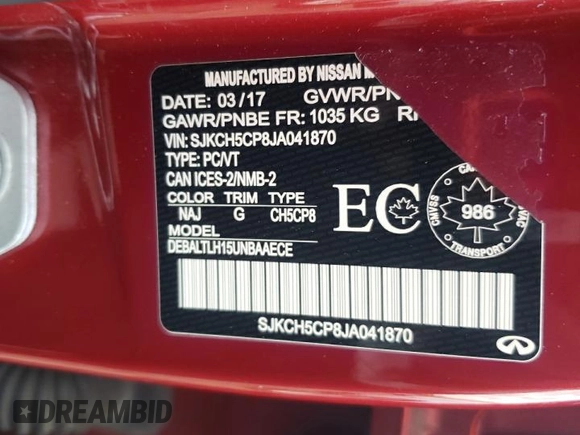 2018 Infiniti QX30 with VIN SJKCH5CP8JA041870, listed as a Copart auction lot 58603925 with 81,540 mi miles and Salvage title. Bid and sale history available at DreamBid. Image 12.