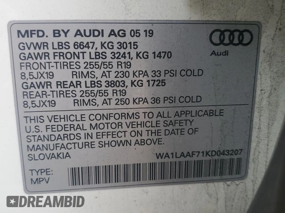 2019 Audi Q7 Premium Plus with VIN WA1LAAF71KD043207, listed as a Copart auction lot 51518805 with 89,782 mi miles and Salvage title. Bid and sale history available at DreamBid. Image 16.