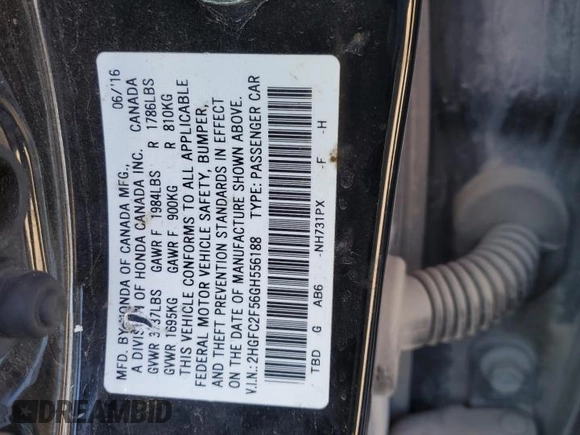 2016 Honda Civic Sedan LX with VIN 2HGFC2F56GH556188, listed as a Copart auction lot 83116344 with 109,905 mi miles and Salvage Title. Bid and sale history available at carsss.com. Image 13.