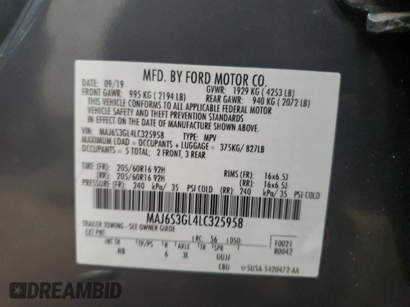 2020 Ford EcoSport SE with VIN MAJ6S3GL4LC325958, listed as a Copart auction lot 60708034 with 37,246 mi miles and Salvage Title. Bid and sale history available at carsss.com. Image 16.