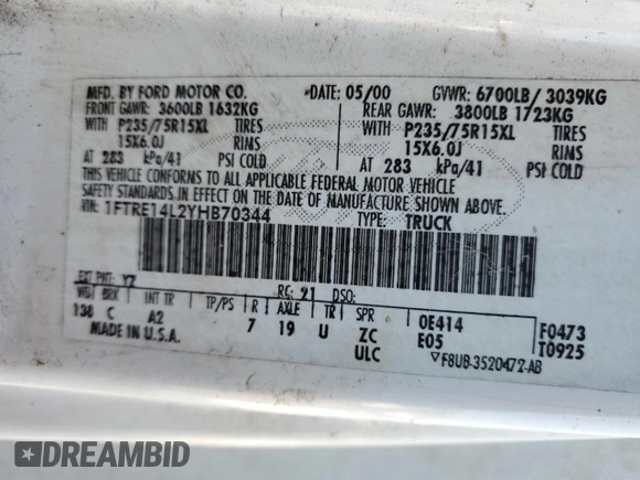 2000 Ford Econoline Cargo with VIN 1FTRE14L2YHB70344, listed as a Copart auction lot 87704865 with 179,233 mi miles and Non repairable. Bid and sale history available at DreamBid. Image 13.