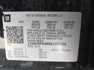 2021 Chevrolet Traverse LS with VIN 1GNERFKW0MJ165988, listed as a IAAI auction lot 42018002 with 72,315 mi miles. Bid and sale history available at carsss.com. Image 9.