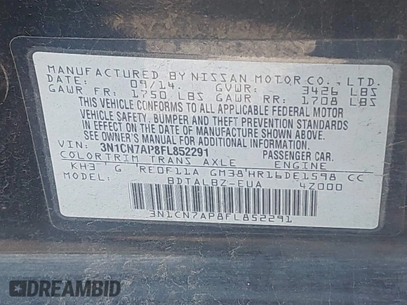 2015 Nissan Versa SV with VIN 3N1CN7AP8FL852291, listed as a IAAI auction lot 41739733 with 167,065 mi miles and . Bid and sale history available at DreamBid. Image 9.