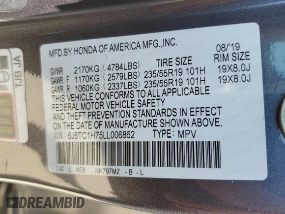 2020 Acura RDX w/Advance Pkg with VIN 5J8TC1H75LL006862, listed as a Copart auction lot 63410483 with 47,012 mi miles. Bid and sale history available at carsss.com. Image 12.