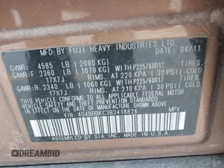 2011 Subaru Outback 2.5i Limited Pwr Moon with VIN 4S4BRBKC3B3418826, listed as a IAAI auction lot 41877354 with 110,372 mi miles. Bid and sale history available at carsss.com. Image 9.