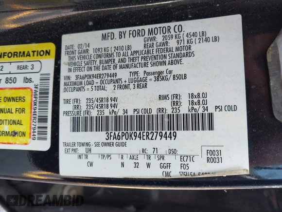 2014 Ford Fusion Titanium с VIN 3FA6P0K94ER279449, выставлен на аукционе IAAI как лот 42403266 с пробегом 253 998 миль миль и . История ставок и продаж доступна на DreamBid. Изображение 9.