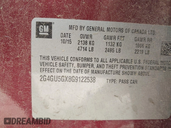 2016 Buick Regal GS with VIN 2G4GU5GX8G9122538, listed as a IAAI auction lot 41939659 with 92,269 mi miles. Bid and sale history available at carsss.com. Image 9.