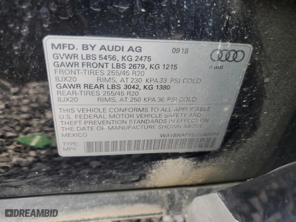 2018 Audi Q5 Premium Plus with VIN WA1BNAFY5J2242344, listed as a Copart auction lot 53663615 with 101,697 mi miles and Salvage Title. Bid and sale history available at carsss.com. Image 13.
