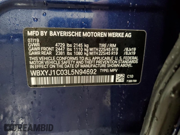 2020 BMW X2 xDrive28i with VIN WBXYJ1C03L5N94692, listed as a Copart auction lot 48140135 with 49,586 mi miles and Salvage Title. Bid and sale history available at carsss.com. Image 14.