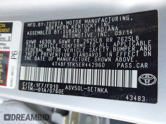 2014 Toyota Camry L with VIN 4T4BF1FK5ER442960, listed as a IAAI auction lot 42206639 with 119,639 mi miles and . Bid and sale history available at DreamBid. Image 9.