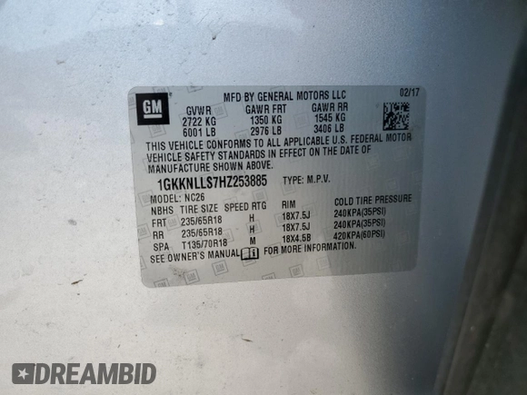 2017 GMC Acadia SLE z VIN 1GKKNLLS7HZ253885, wystawiony jako Copart lot #53371755 z przebiegiem 149 181 mil mil oraz Szkoda całkowita • Salvage title. Historia ofert i sprzedaży dostępna na DreamBid. Obrazek 13.