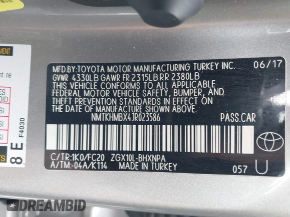 2018 Toyota C-HR XLE with VIN NMTKHMBX4JR023586, listed as a IAAI auction lot 41890863 with 86,958 mi miles and . Bid and sale history available at DreamBid. Image 9.