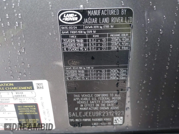 2024 Land Rover Defender with VIN SALEJEEU9R2312923, listed as a IAAI auction lot 41548930 with 104,449 mi miles and . Bid and sale history available at DreamBid. Image 9.