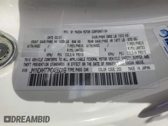 2021 Mazda MX-5 Miata Grand Touring with VIN JM1NDAM77M0455019, listed as a Copart auction lot 78058694 with 12,363 mi miles and Salvage title. Bid and sale history available at DreamBid. Image 14.