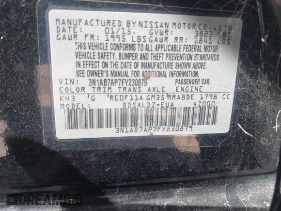 2015 Nissan Sentra SV with VIN 3N1AB7AP7FY230879, listed as a IAAI auction lot 41602242 with 89,358 mi miles and . Bid and sale history available at DreamBid. Image 9.