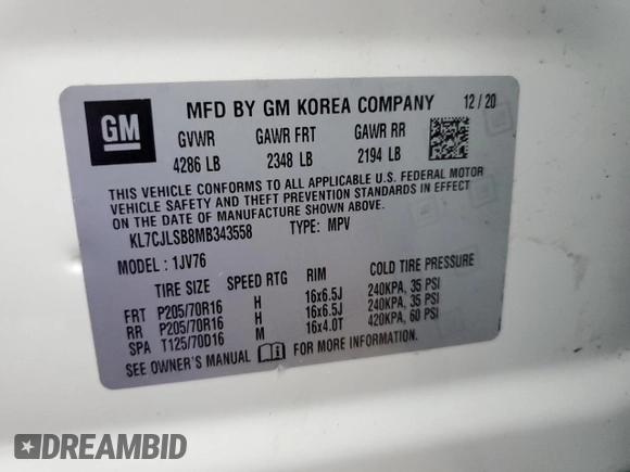 2021 Chevrolet Trax LT with VIN KL7CJLSB8MB343558, listed as a Copart auction lot 44611825 with 39,896 mi miles and Salvage Title. Bid and sale history available at DreamBid. Image 15.